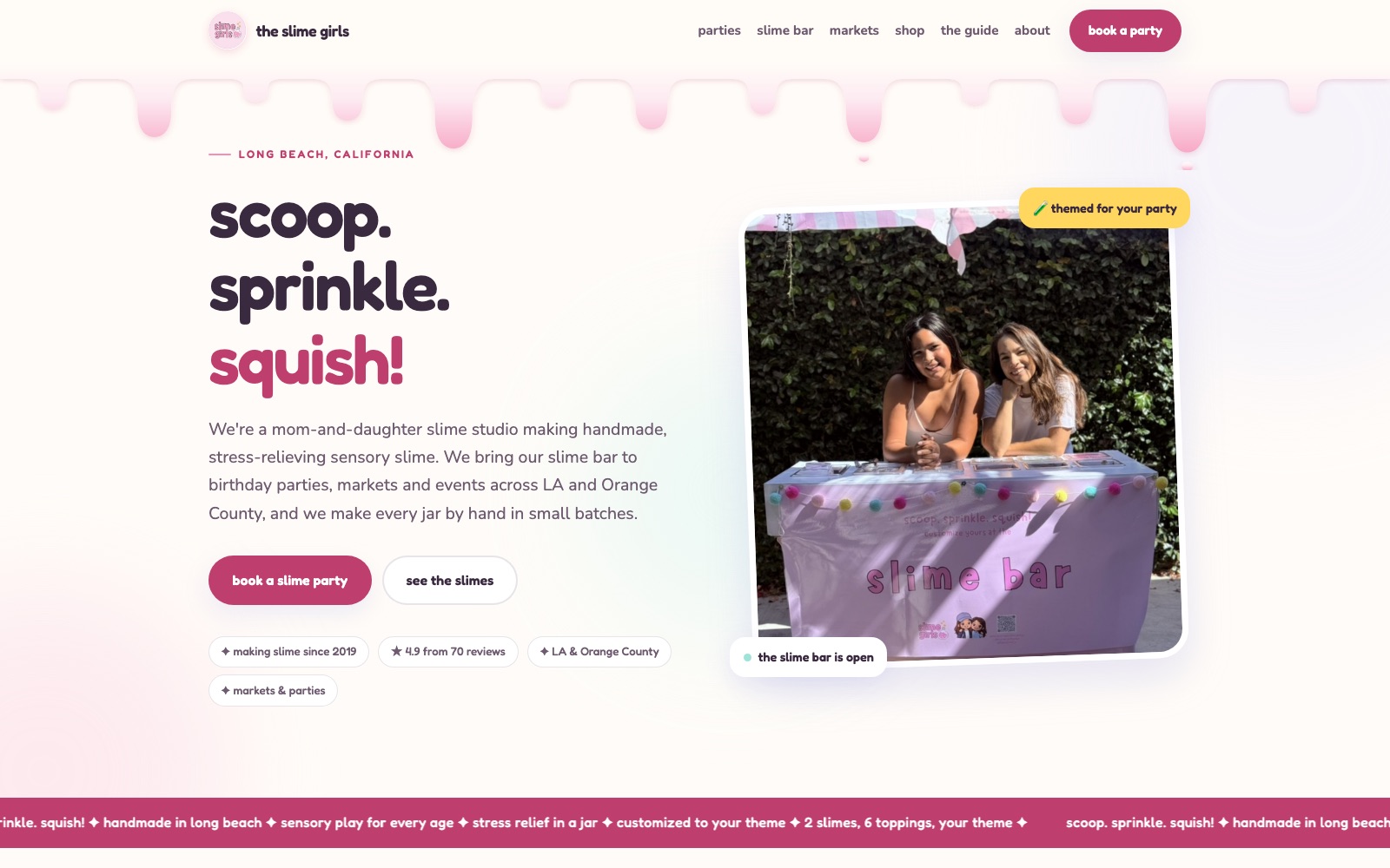 The slime girls website: a pink hero reading scoop, sprinkle, squish, with a photo of the slime bar